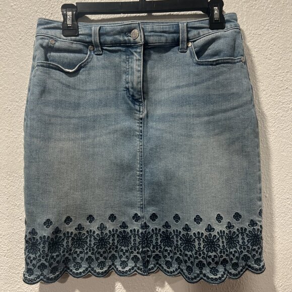 Talbots Y2K Embroidered Denim Pencil Skirt Womens 4 Floral Scalloped Hem Classy - Picture 1 of 11